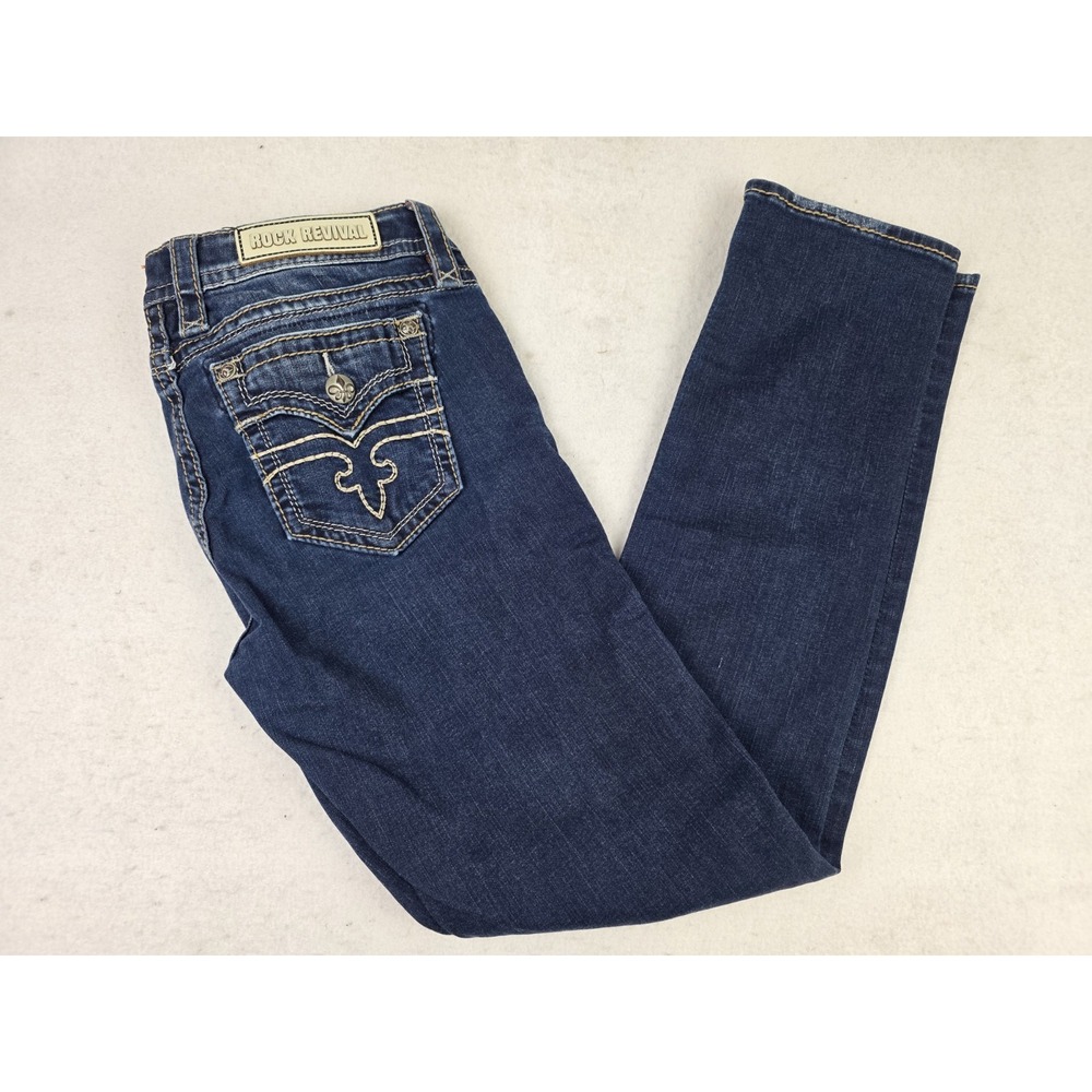 Women's Rock Revival Alivia Bling Crystal Easy Skinny Denim Blue Jeans Size 30